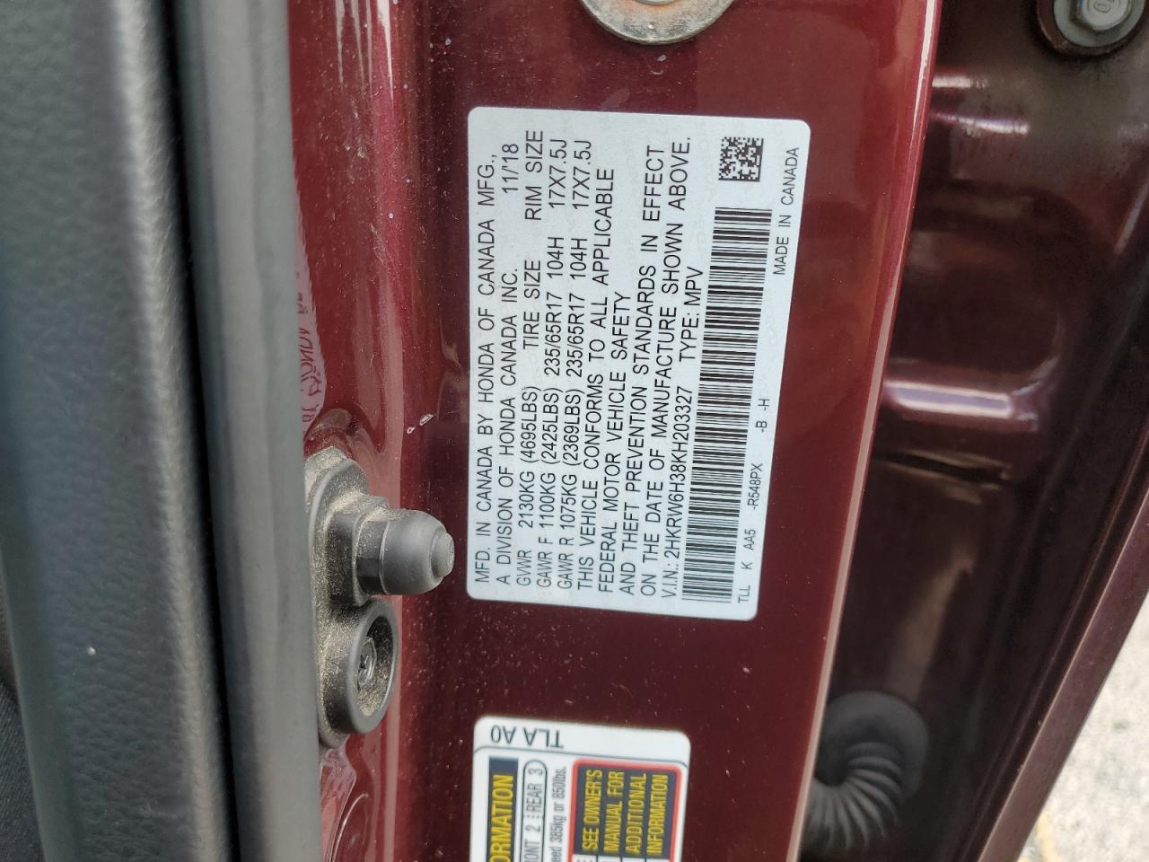 2019 Honda Cr-V Lx VIN: 2HKRW6H38KH203327 Lot: 65408135