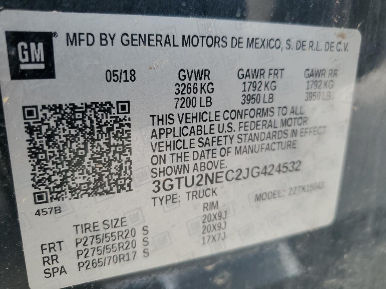 2018 GMC Sierra K1500 Slt VIN: 3GTU2NEC2JG424532 Lot: 62665165