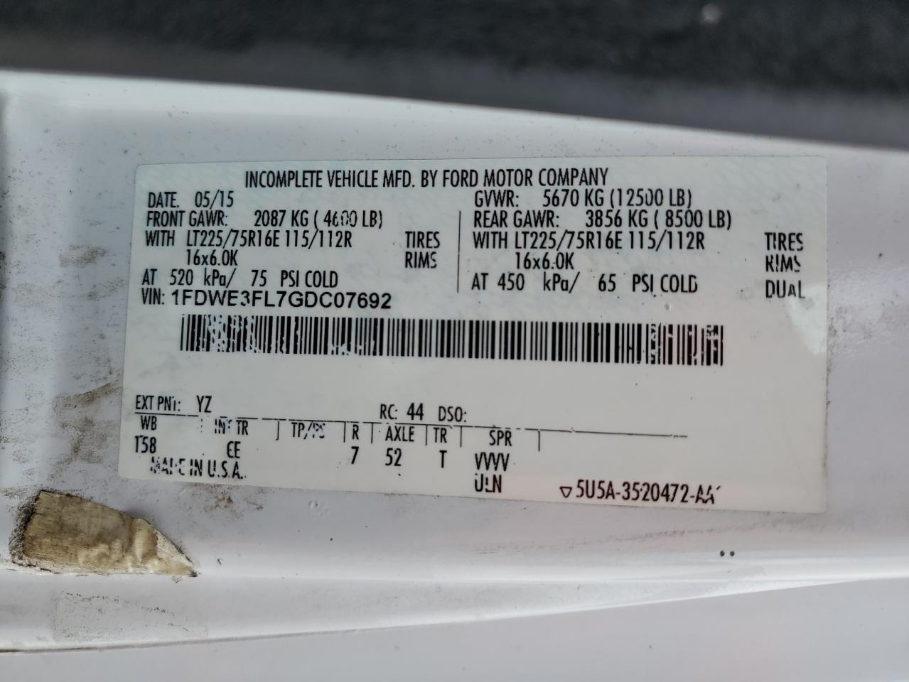 2016 Ford Econoline E350 Super Duty Cutaway Van VIN: 1FDWE3FL7GDC07692 Lot: 62718875