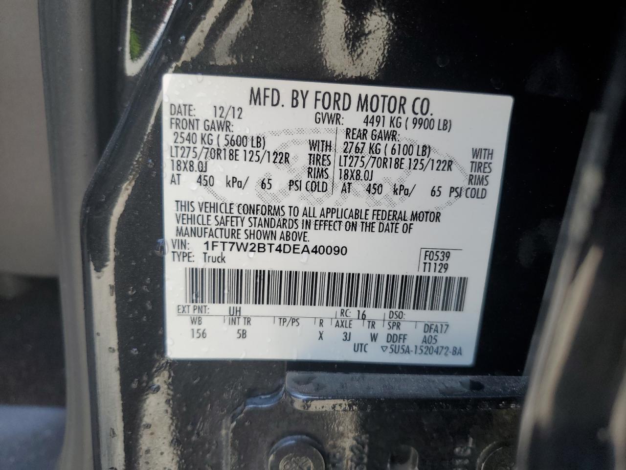 2013 Ford F250 Super Duty VIN: 1FT7W2BT4DEA40090 Lot: 64059015