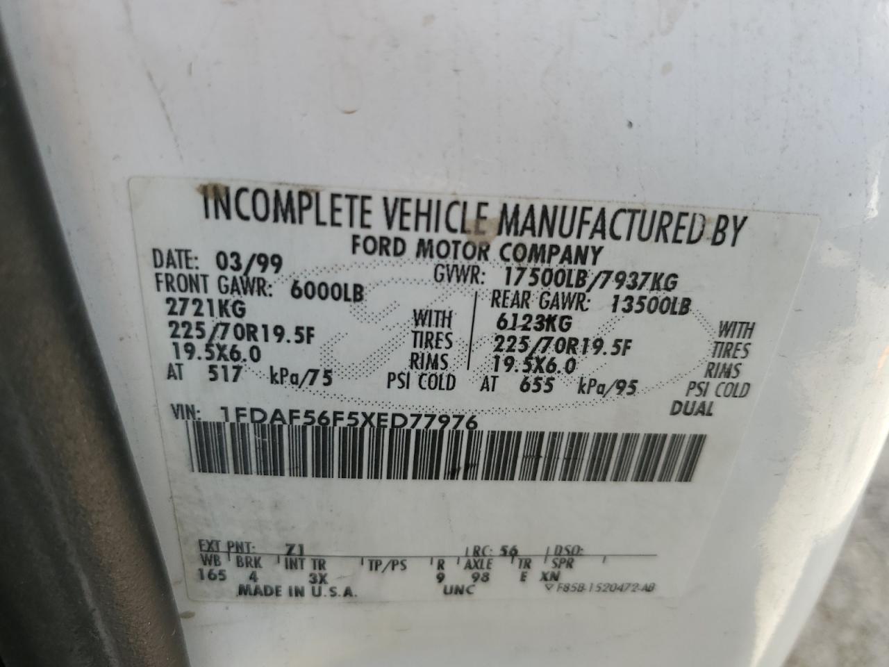 1999 Ford F550 Super Duty VIN: 1FDAF56F5XED77976 Lot: 63188675