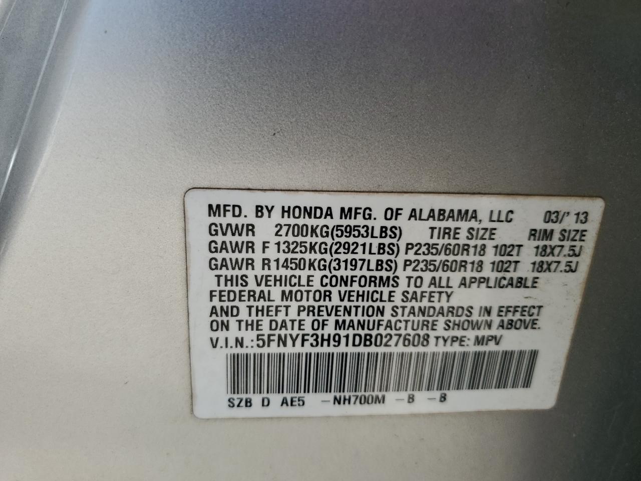 2013 Honda Pilot Touring VIN: 5FNYF3H91DB027608 Lot: 65454095