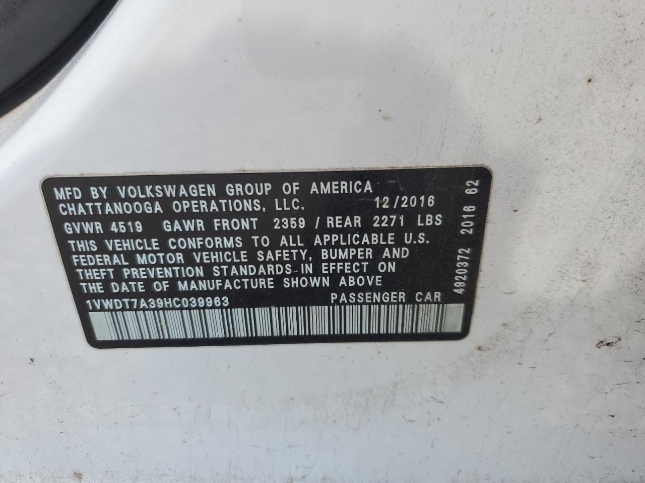 2017 Volkswagen Passat R-Line VIN: 1VWDT7A39HC039963 Lot: 65770945