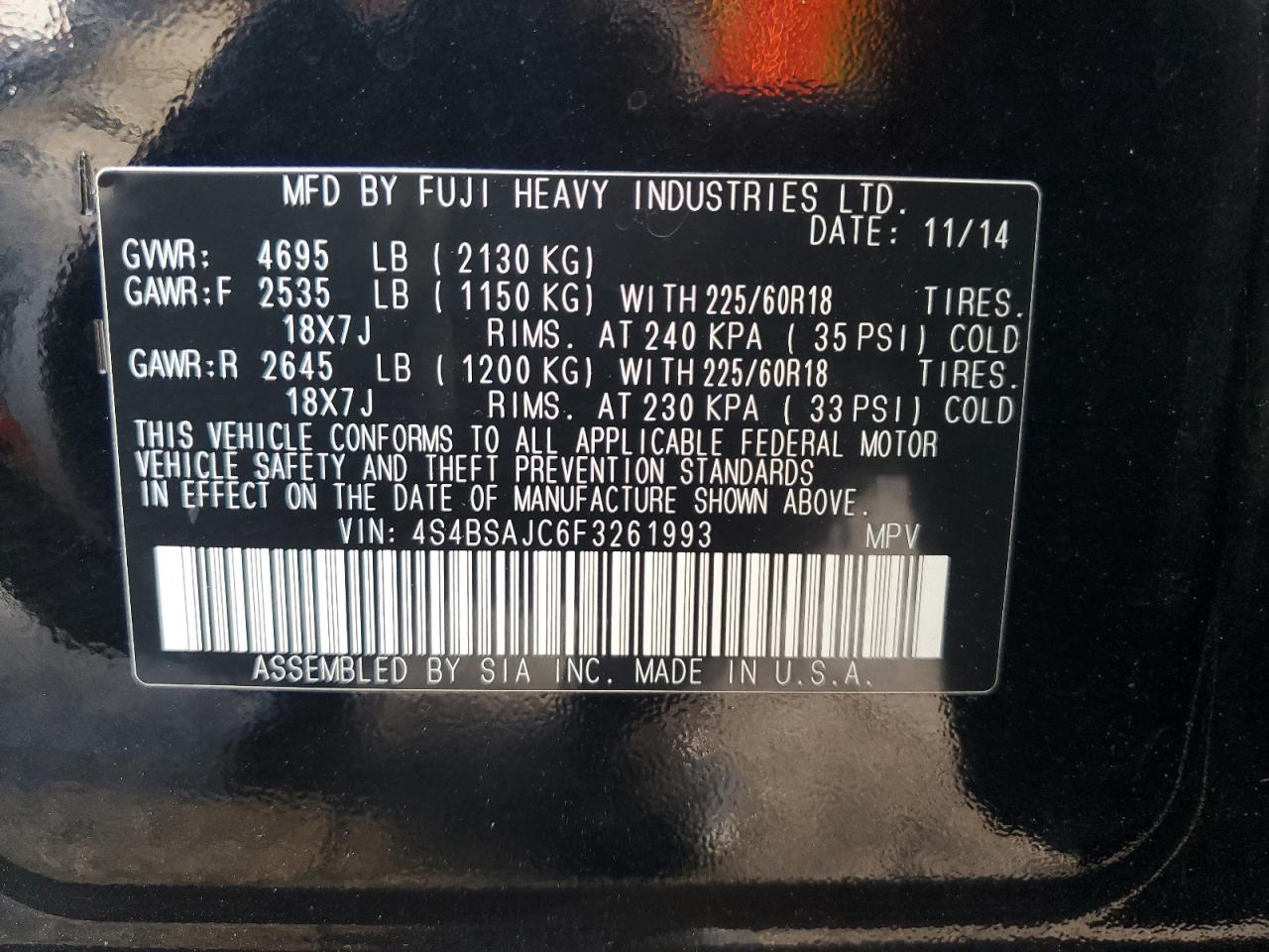 2015 Subaru Outback 2.5I Limited VIN: 4S4BSAJC6F3261993 Lot: 64328525