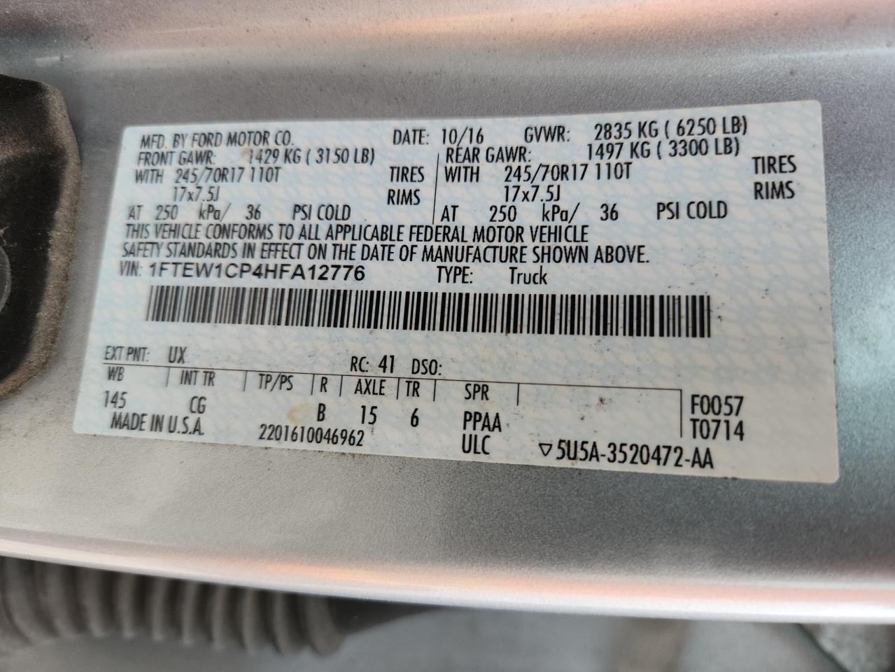 2017 Ford F150 Supercrew VIN: 1FTEW1CP4HFA12776 Lot: 63798695