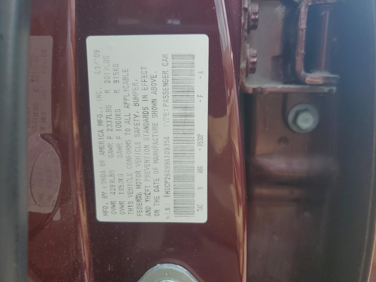 2009 Honda Accord Lxp VIN: 1HGCP26499A109354 Lot: 64035885
