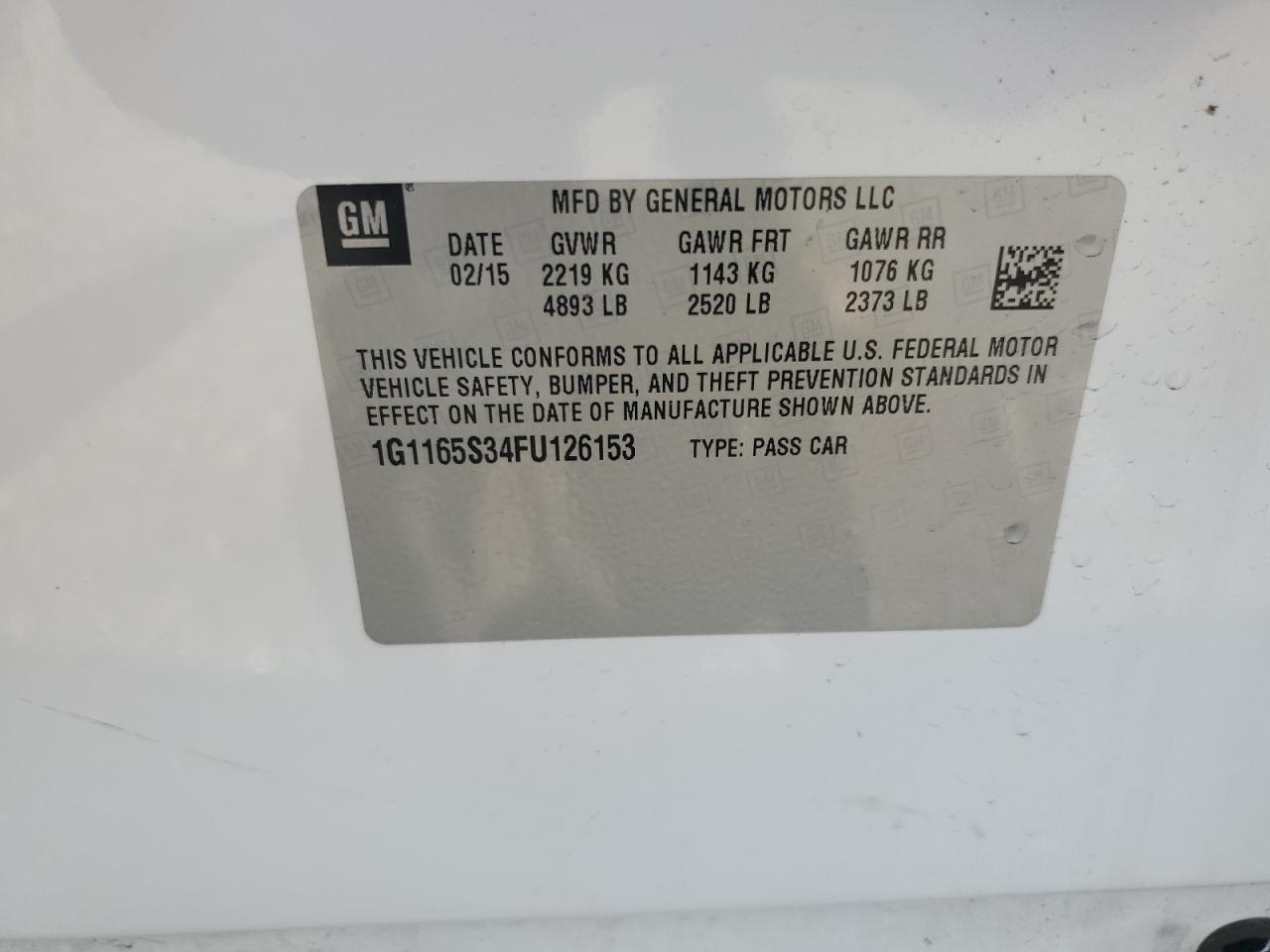 2015 Chevrolet Impala Ltz VIN: 1G1165S34FU126153 Lot: 63248935