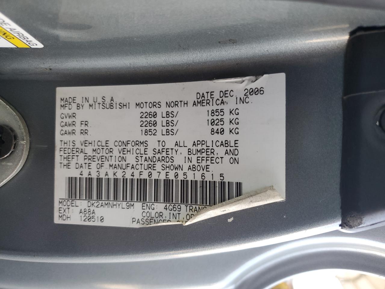 2007 Mitsubishi Eclipse Gs VIN: 4A3AK24F07E051615 Lot: 63152265