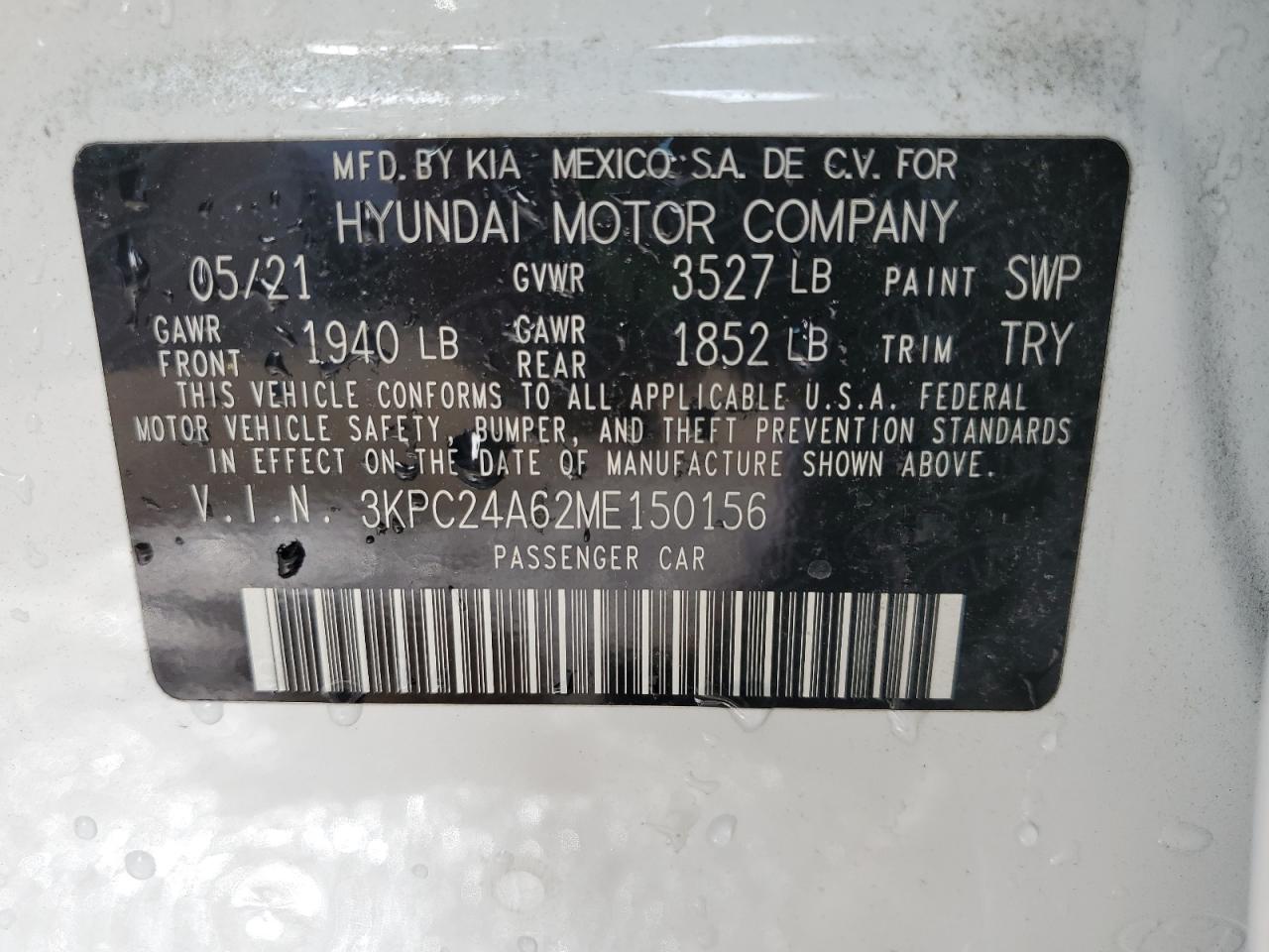 2021 Hyundai Accent Se VIN: 3KPC24A62ME150156 Lot: 62842145