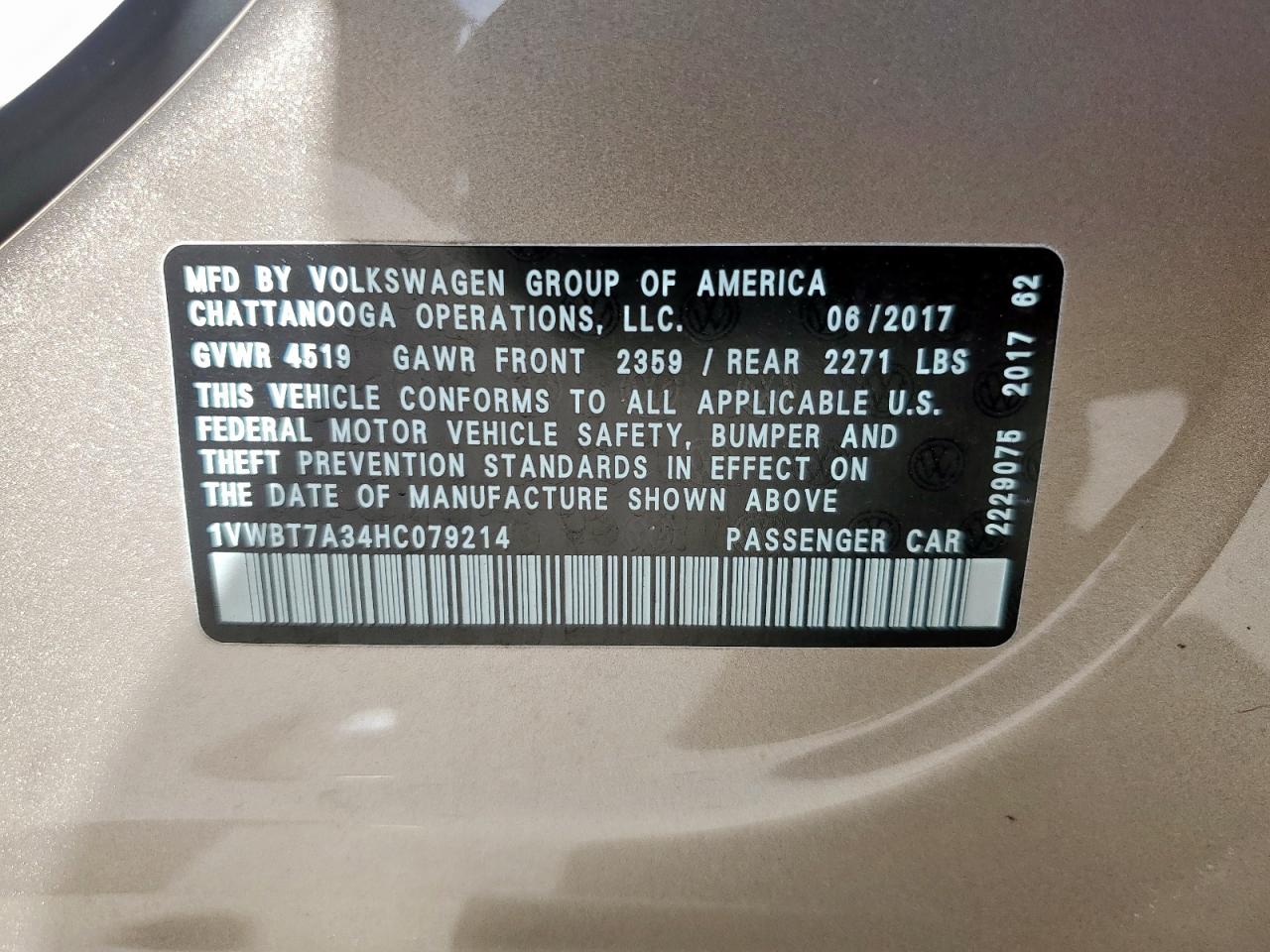 2017 Volkswagen Passat Se VIN: 1VWBT7A34HC079214 Lot: 65234905