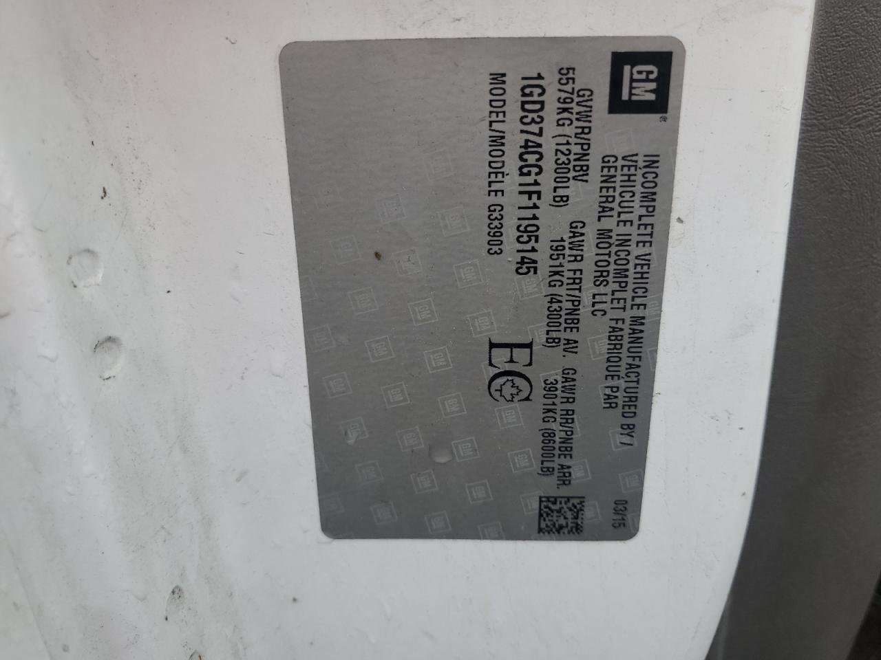 2015 GMC Savana Commercial Cu VIN: 1GD374CG1F1195145 Lot: 65897625