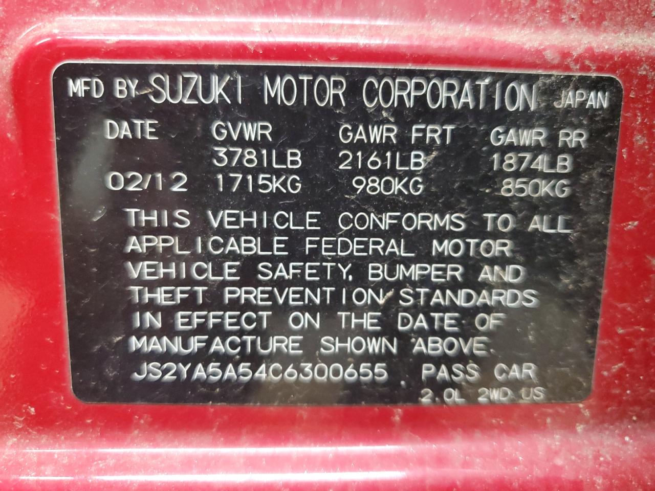 2012 Suzuki Sx4 VIN: JS2YA5A54C6300655 Lot: 60602075