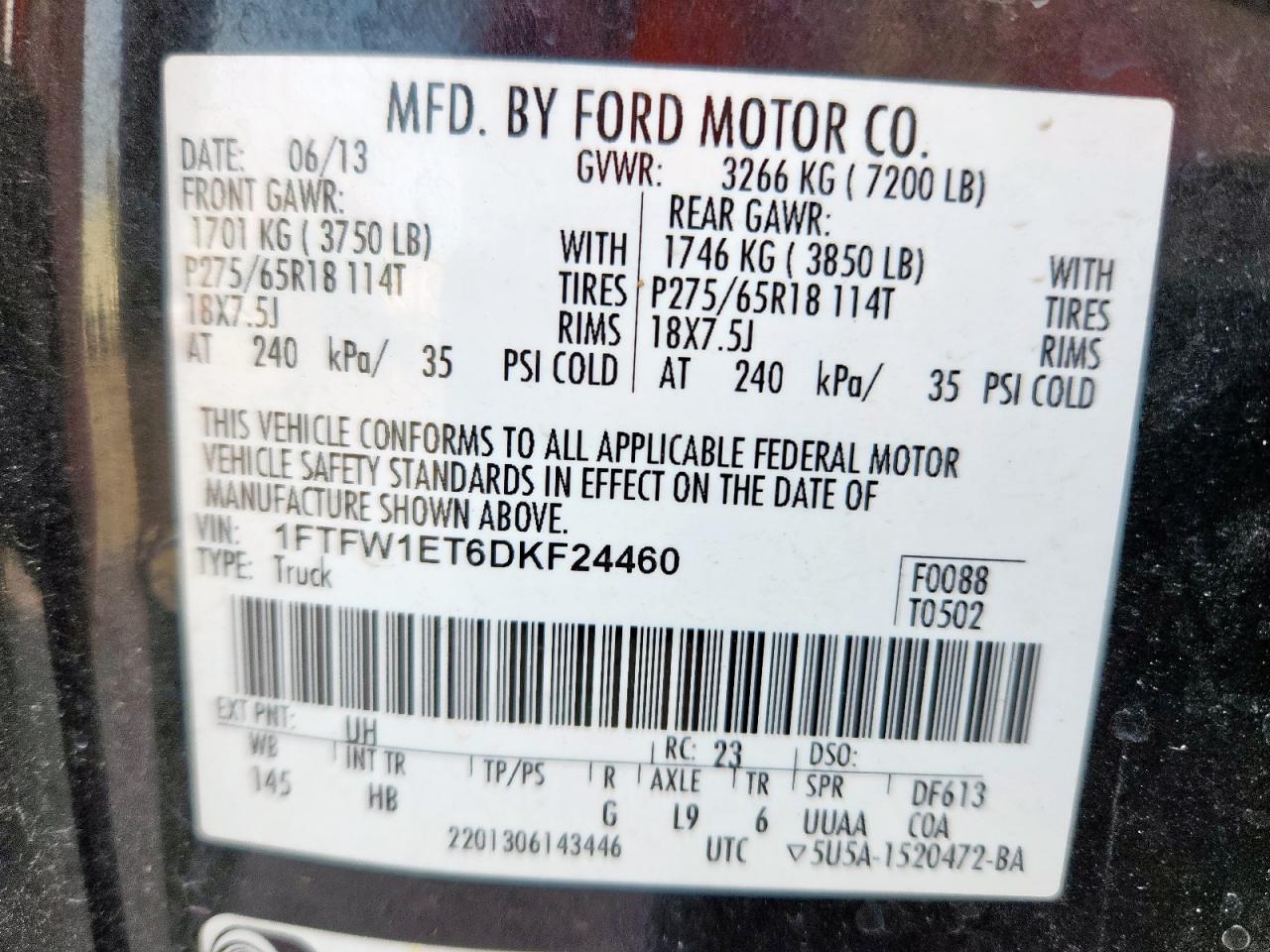 2013 Ford F150 Supercrew VIN: 1FTFW1ET6DKF24460 Lot: 64966405