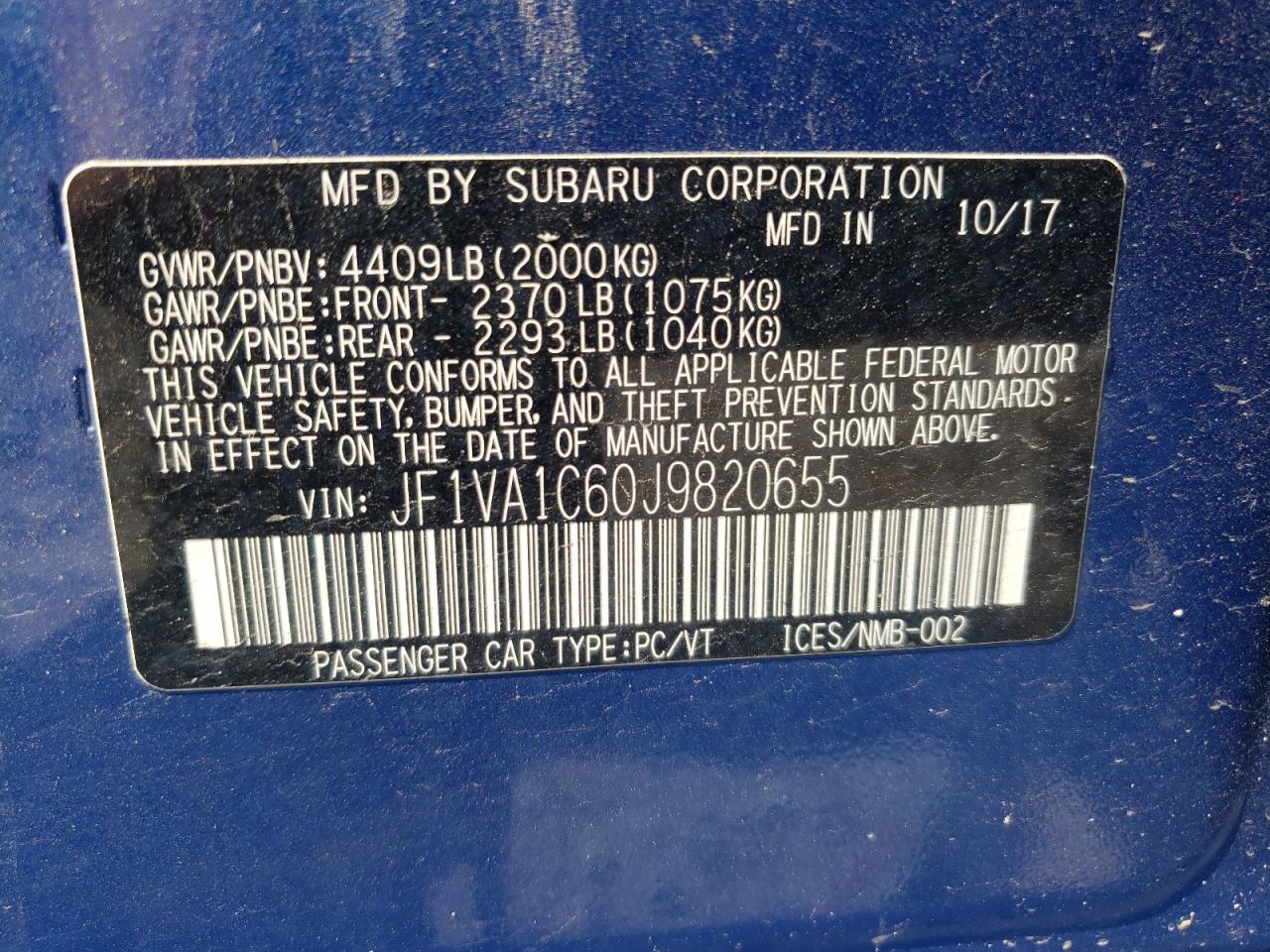 2018 Subaru Wrx Premium VIN: JF1VA1C60J9820655 Lot: 63559345