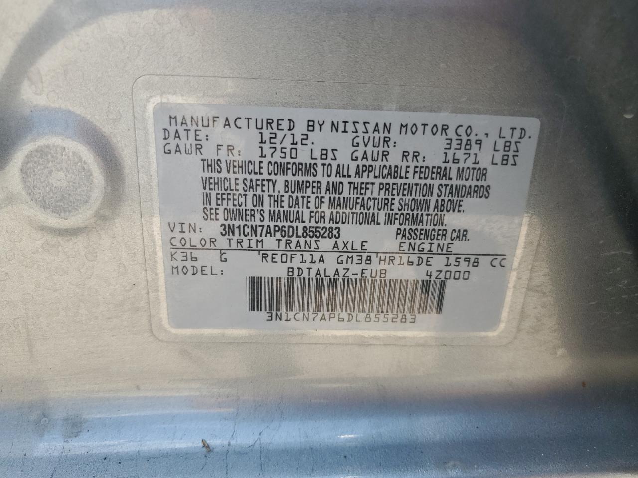2013 Nissan Versa S VIN: 3N1CN7AP6DL855283 Lot: 64662305