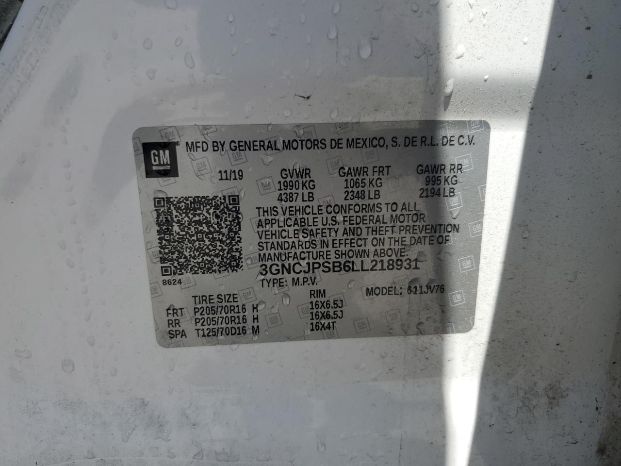 2020 Chevrolet Trax 1Lt VIN: 3GNCJPSB6LL218931 Lot: 63438025