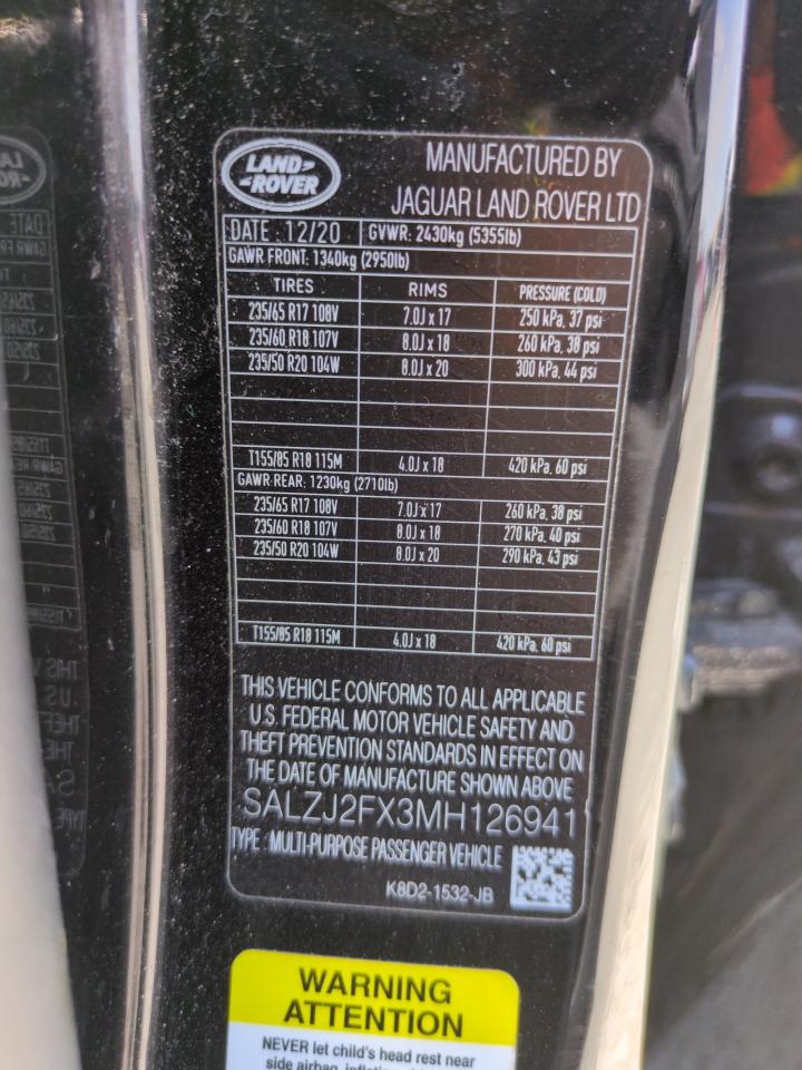 2021 Land Rover Range Rover Evoque S VIN: SALZJ2FX3MH126941 Lot: 64337355
