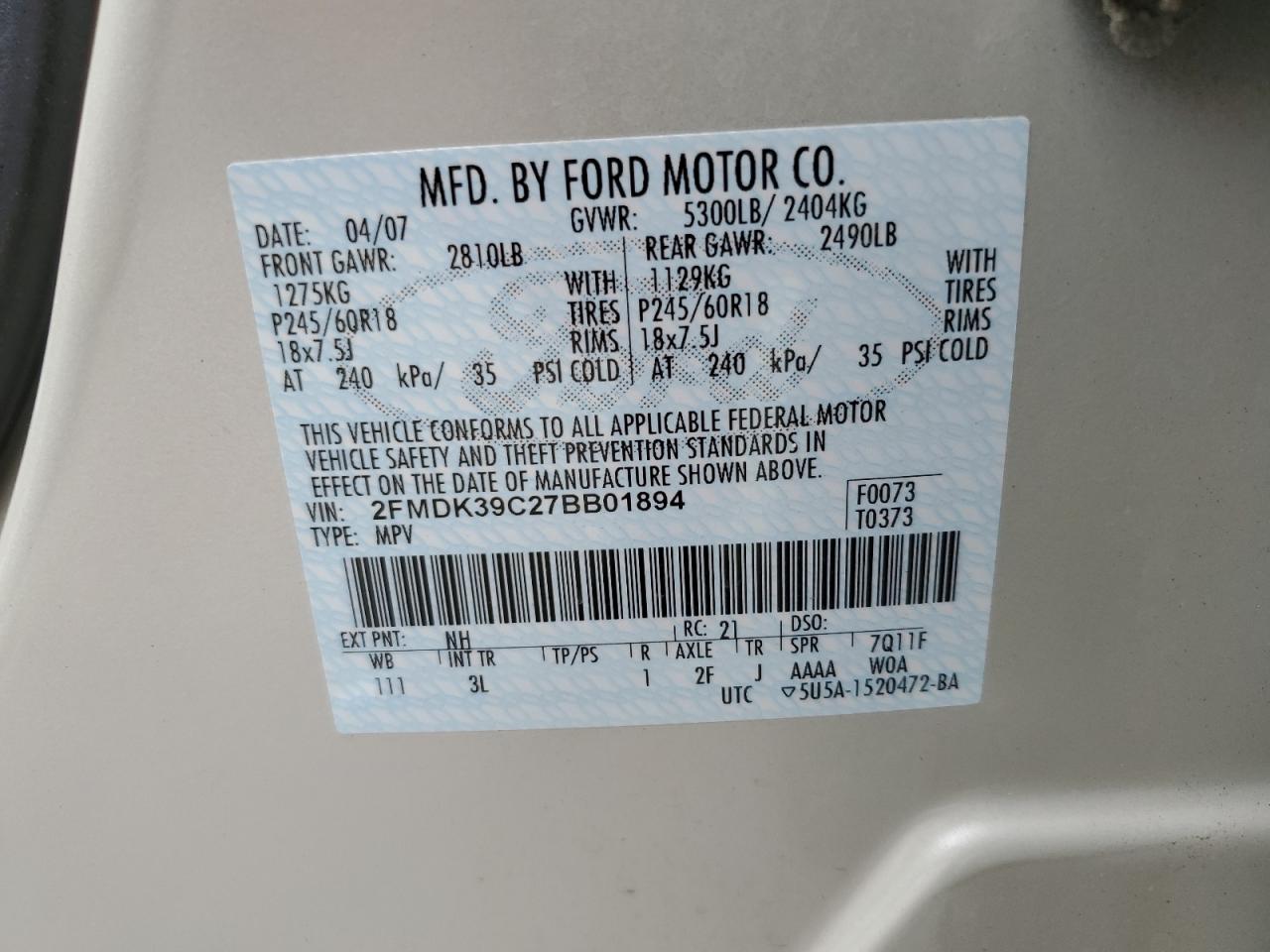 2007 Ford Edge Sel Plus VIN: 2FMDK39C27BB01894 Lot: 65573895