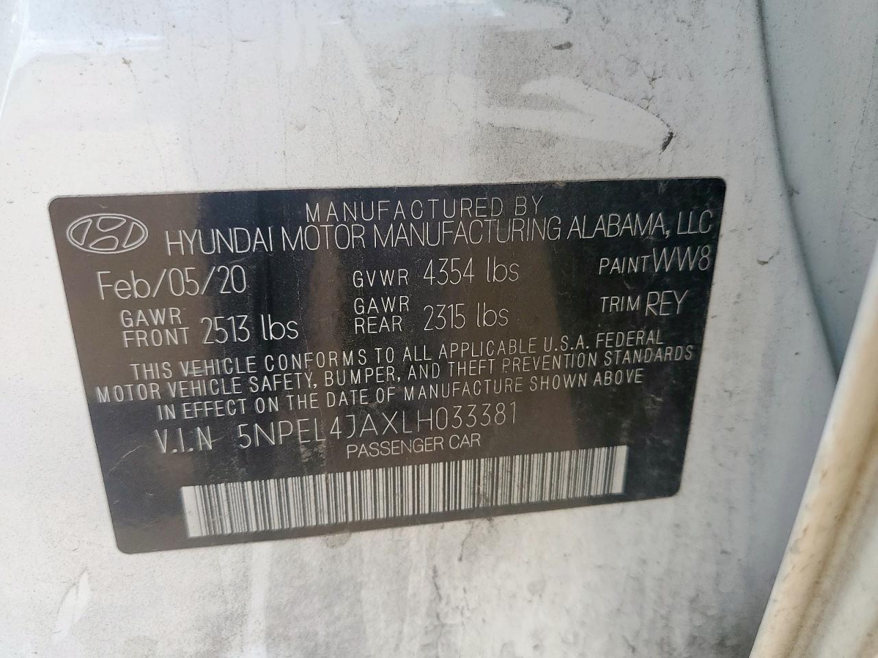 2020 Hyundai Sonata Sel VIN: 5NPEL4JAXLH033381 Lot: 63757195