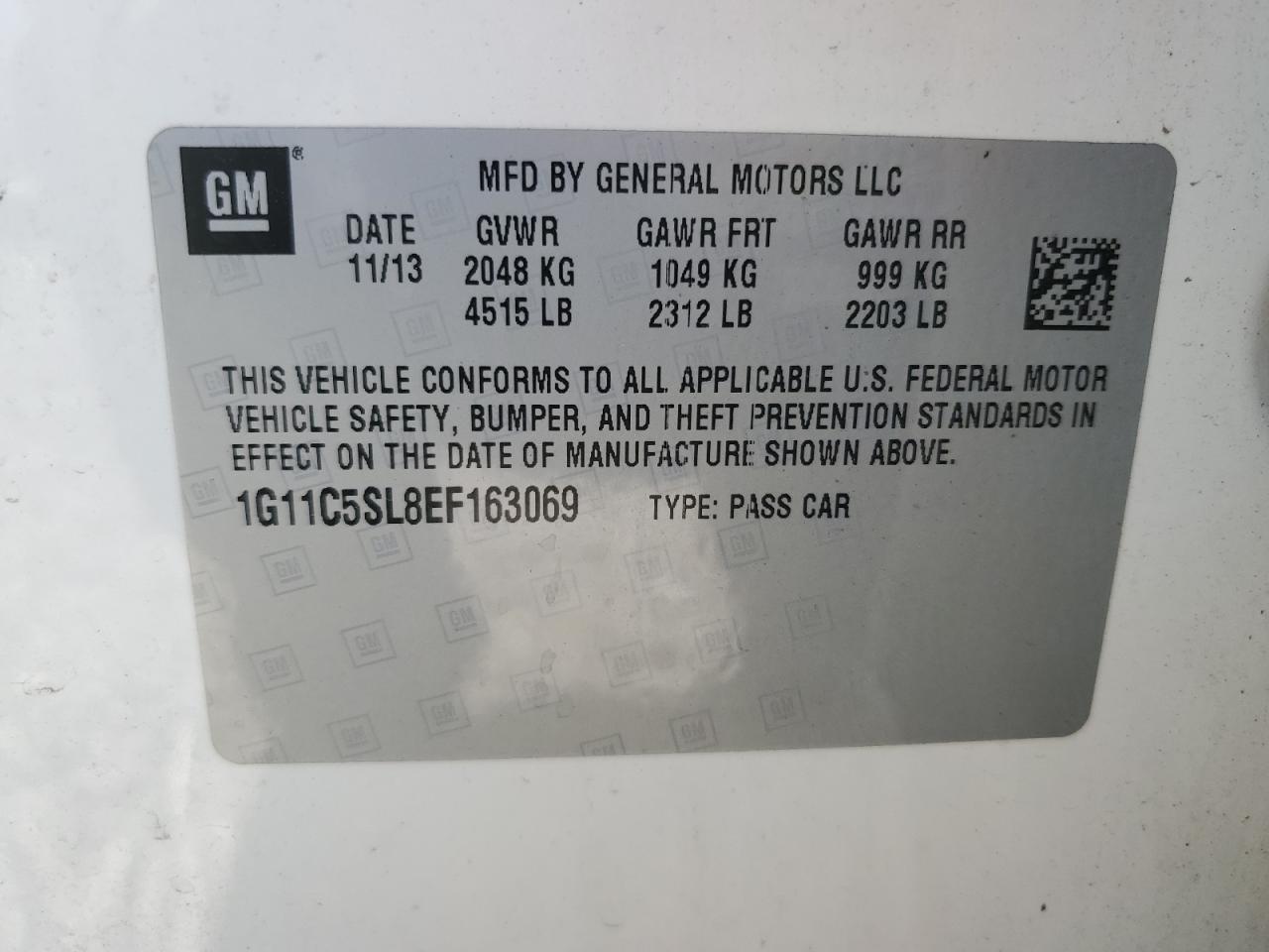 1g11c5sl8ef163069 1G11C5SL8EF163069 2014 Chevrolet Malibu 1Lt