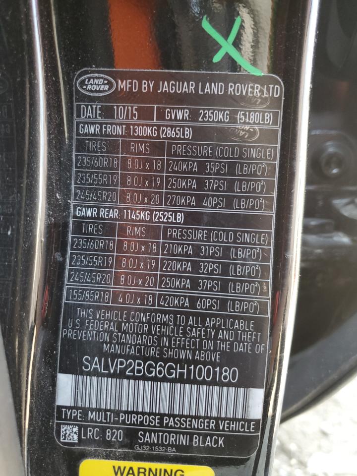 2016 Land Rover Range Rover Evoque Se VIN: SALVP2BG6GH100180 Lot: 64388955