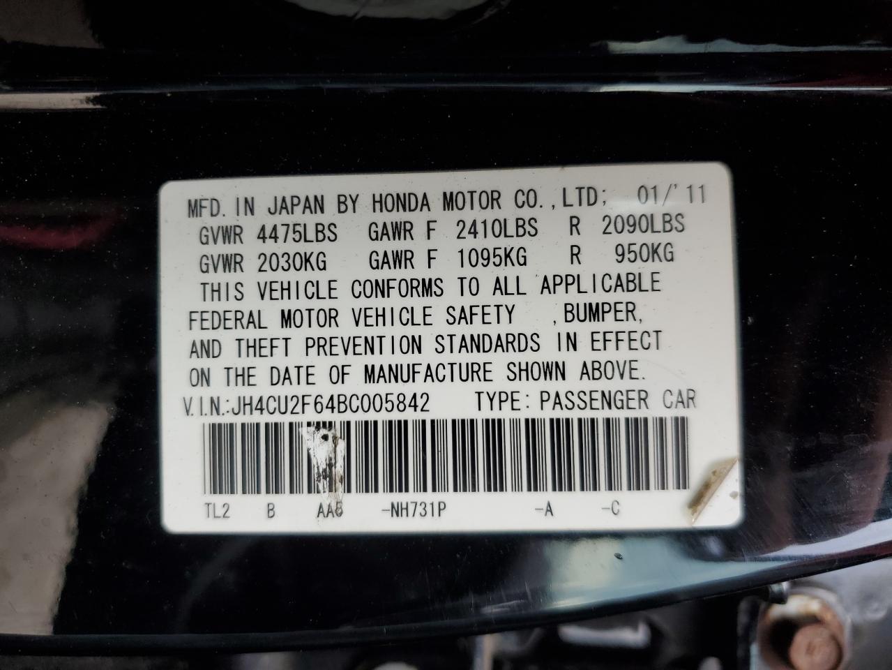 2011 Acura Tsx VIN: JH4CU2F64BC005842 Lot: 63942035