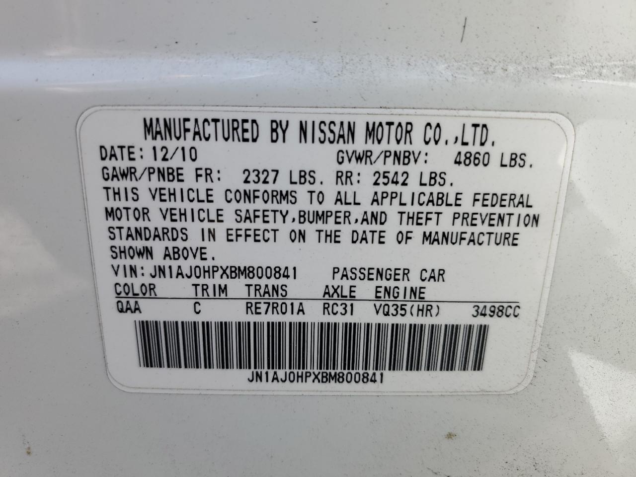 2011 Infiniti Ex35 Base VIN: JN1AJ0HPXBM800841 Lot: 65273095