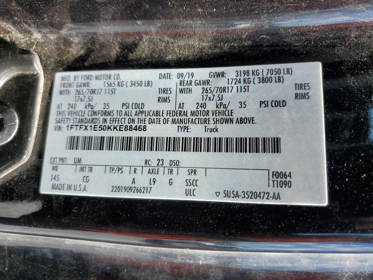 2019 Ford F150 Super Cab VIN: 1FTFX1E50KKE88468 Lot: 66267305