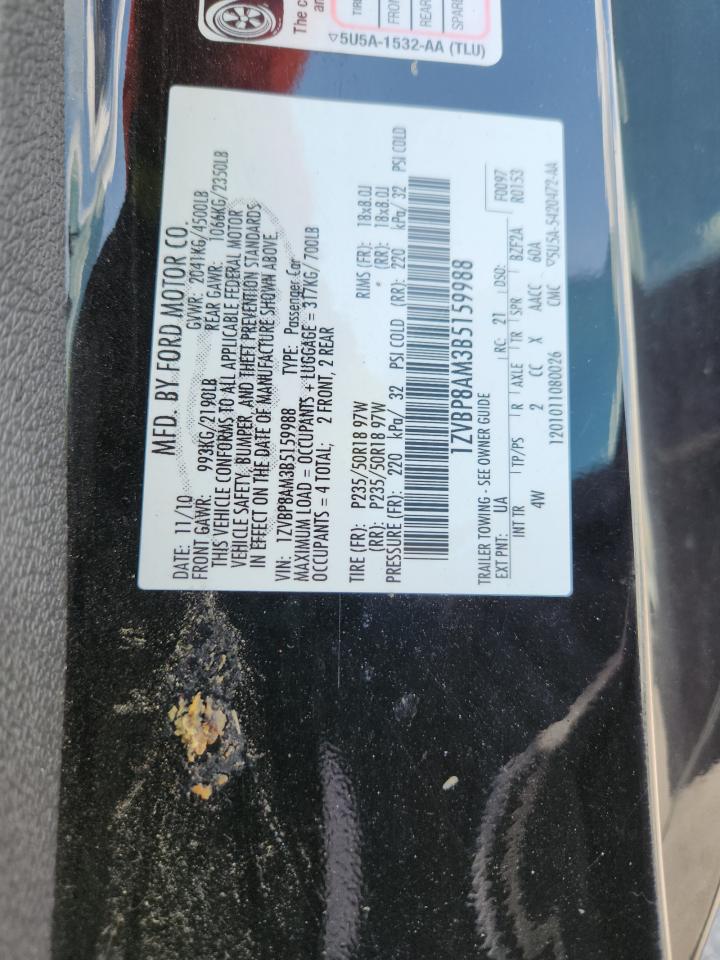 2011 Ford Mustang VIN: 1ZVBP8AM3B5159988 Lot: 63673785