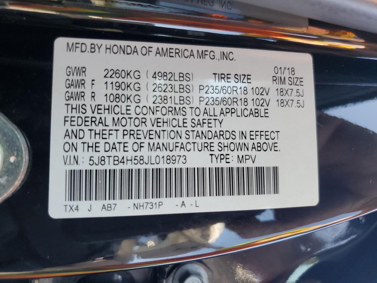 2018 Acura Rdx Technology VIN: 5J8TB4H58JL018973 Lot: 66027875