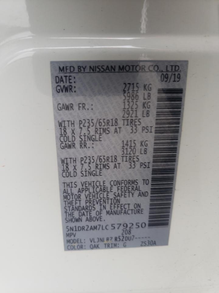 2020 Nissan Pathfinder S VIN: 5N1DR2AM7LC579250 Lot: 64216535
