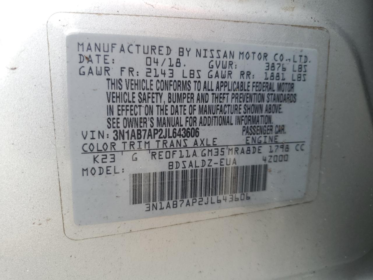 2018 Nissan Sentra S VIN: 3N1AB7AP2JL643606 Lot: 63209825