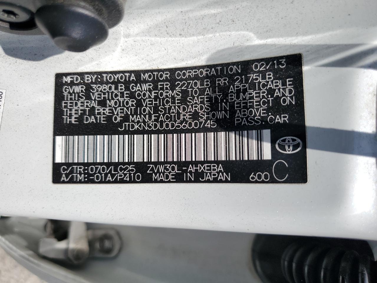 2013 Toyota Prius VIN: JTDKN3DU0D5600745 Lot: 64568905