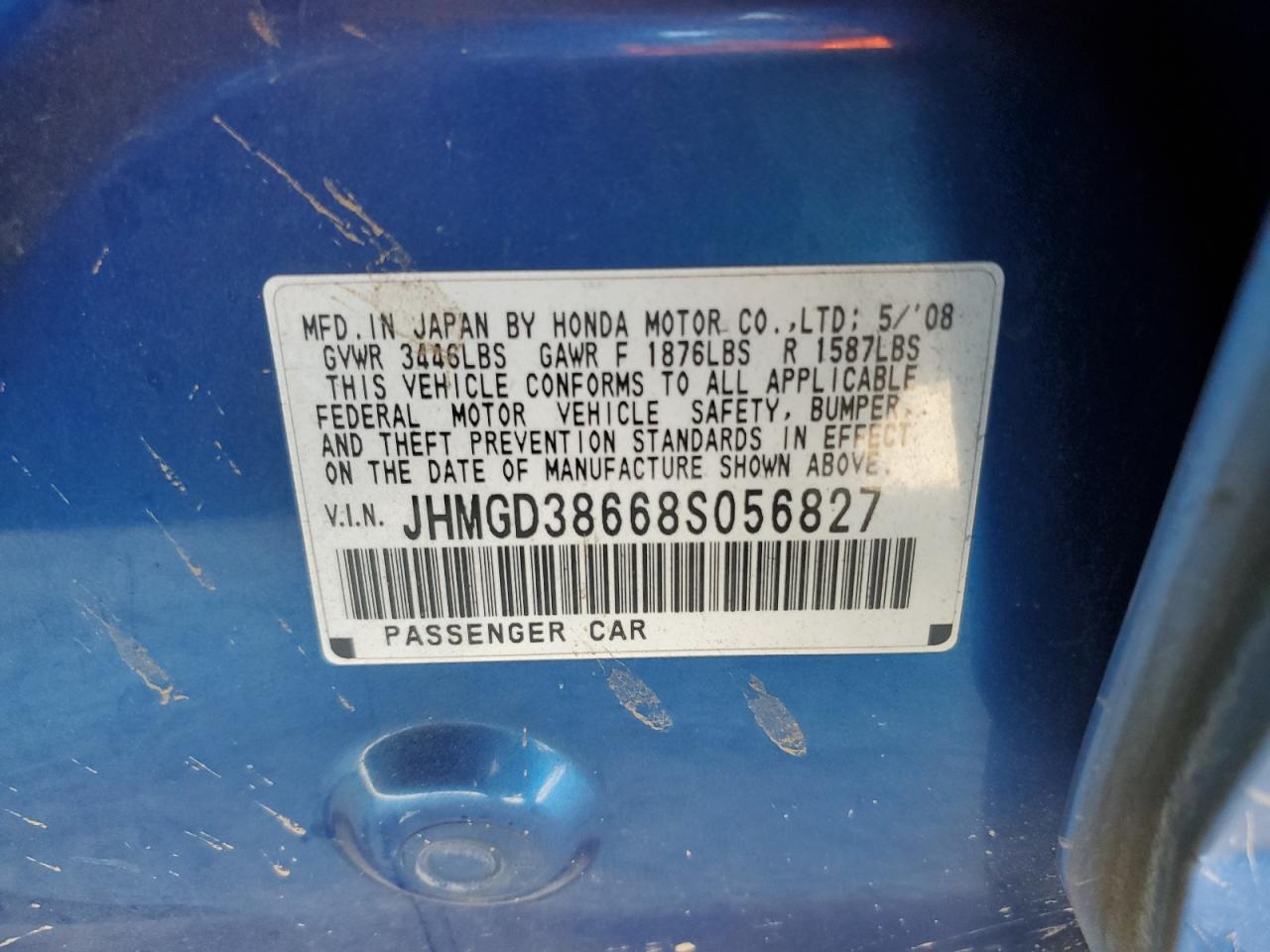 2008 Honda Fit Sport VIN: JHMGD38668S056827 Lot: 64507555