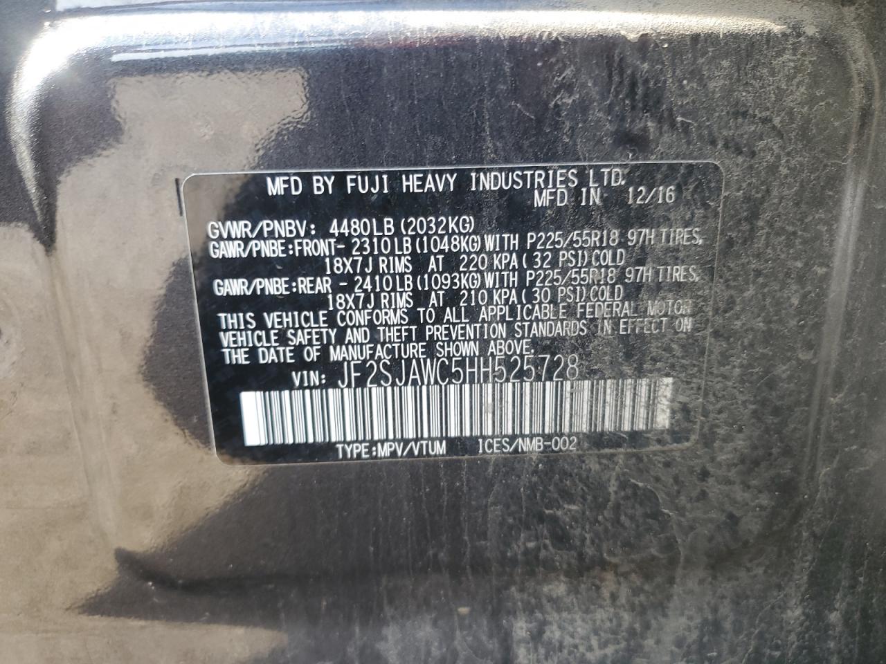 2017 Subaru Forester 2.5I Touring VIN: JF2SJAWC5HH525728 Lot: 65659075