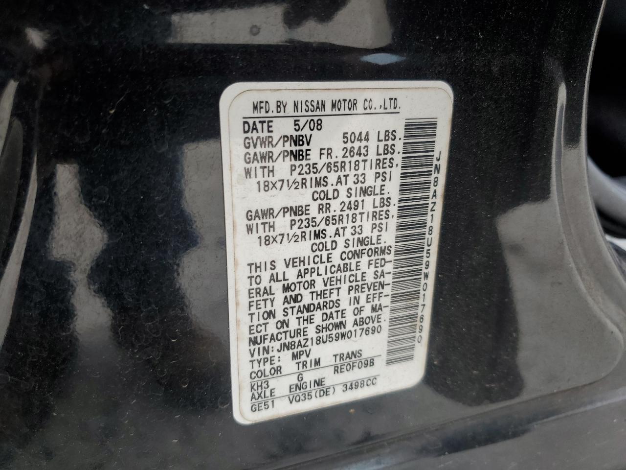 2009 Nissan Murano S VIN: JN8AZ18U59W017690 Lot: 63127875