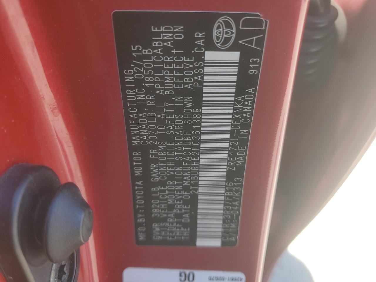 2015 Toyota Corolla L VIN: 2T1BURHE2FC361388 Lot: 65292505