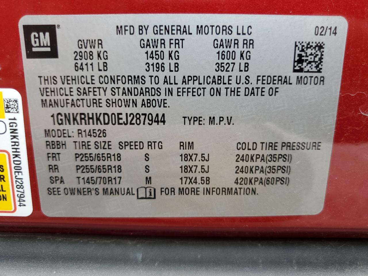 2014 Chevrolet Traverse Lt VIN: 1GNKRHKD0EJ287944 Lot: 63484095