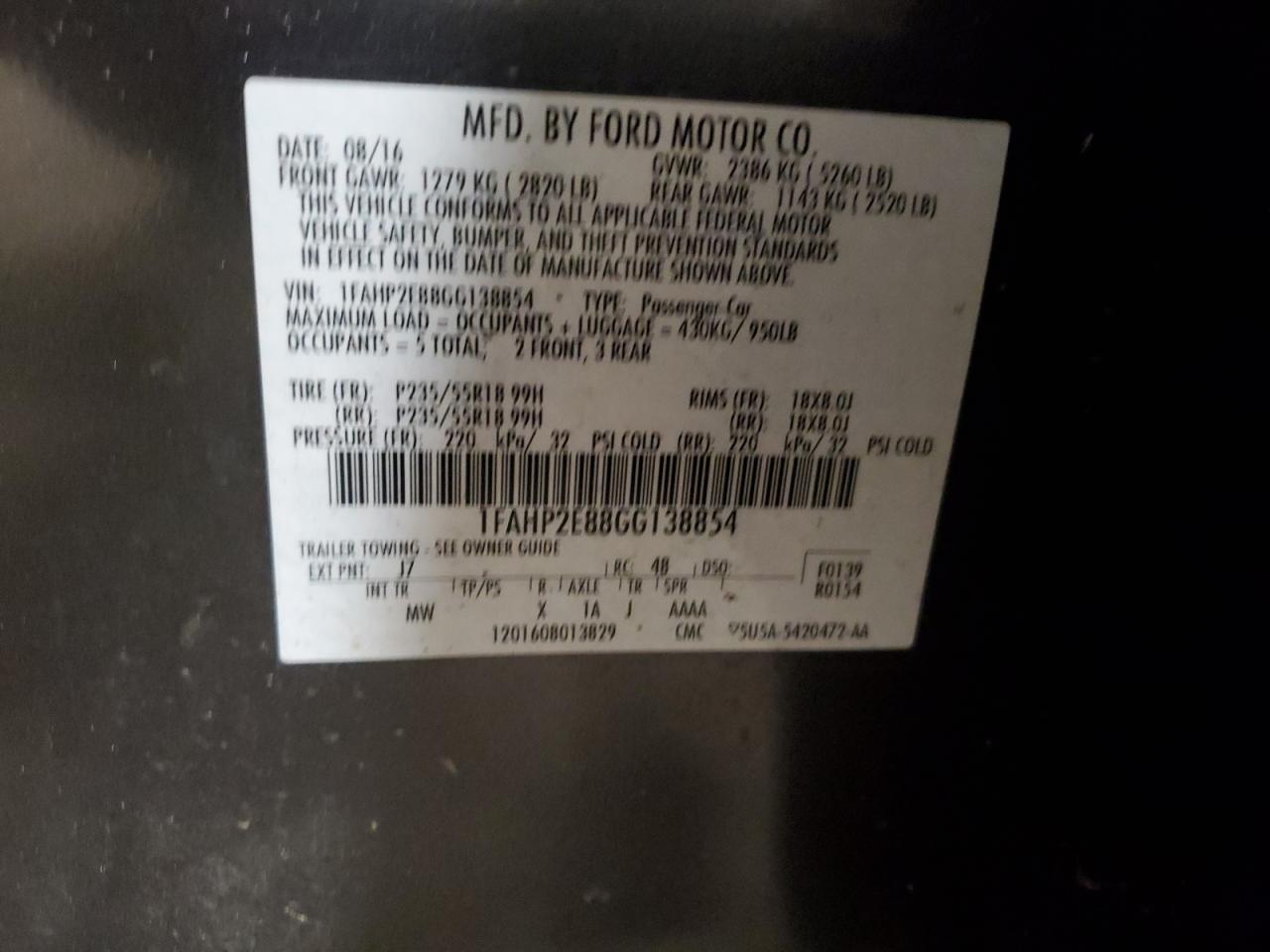 2016 Ford Taurus Sel VIN: 1FAHP2E88GG138854 Lot: 62726375