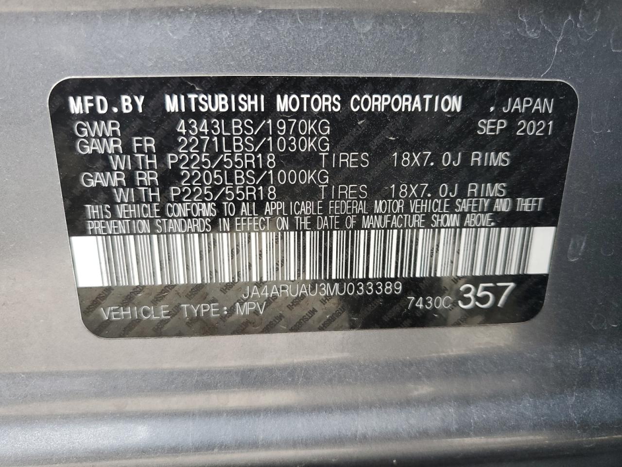 2021 Mitsubishi Outlander Sport Es VIN: JA4ARUAU3MU033389 Lot: 63807795