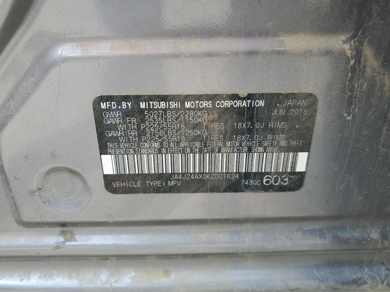 2019 Mitsubishi Outlander Gt VIN: JA4JZ4AX0KZ001624 Lot: 64676855