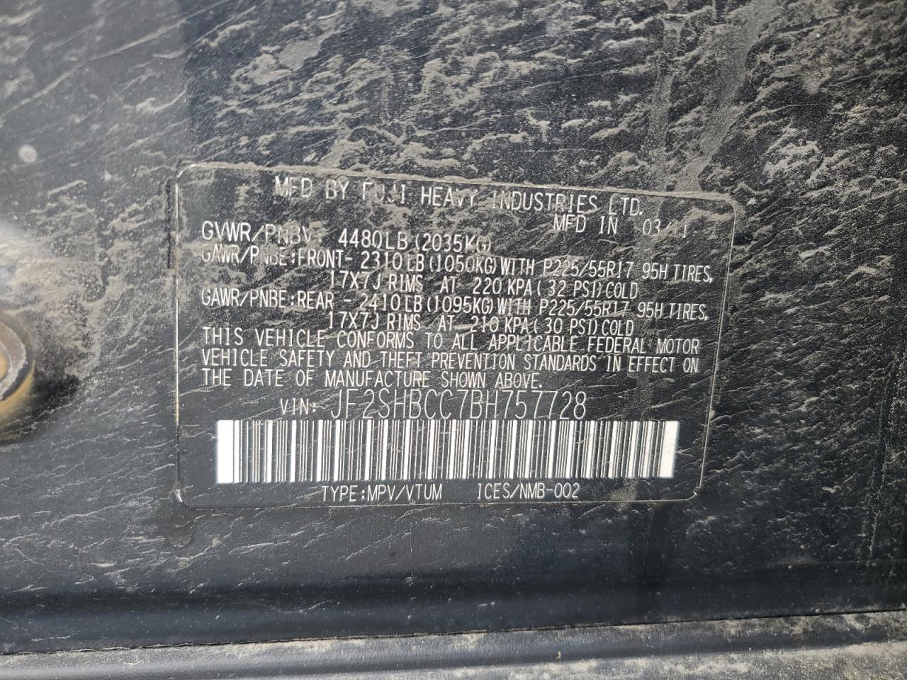 2011 Subaru Forester 2.5X Premium VIN: JF2SHBCC7BH757728 Lot: 63242695