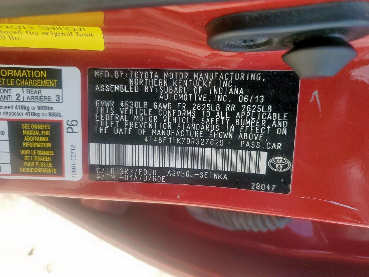2013 Toyota Camry L VIN: 4T4BF1FK7DR327629 Lot: 64050885
