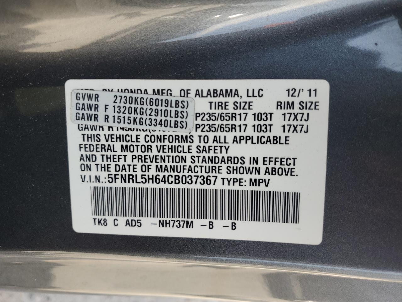 2012 Honda Odyssey Exl VIN: 5FNRL5H64CB037367 Lot: 66187045