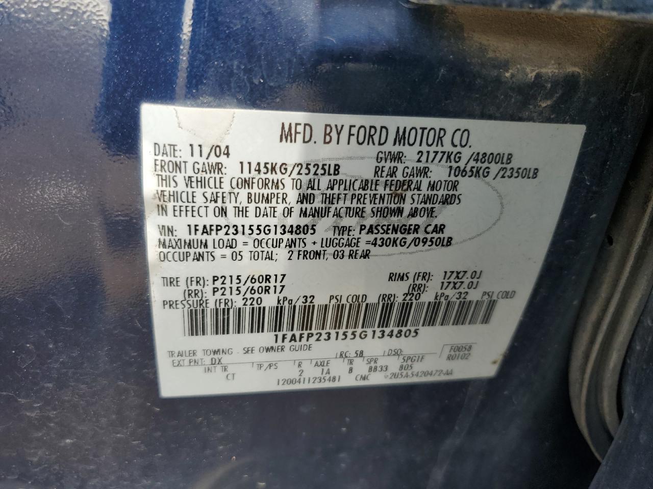 2005 Ford Five Hundred Se VIN: 1FAFP23155G134805 Lot: 63492375