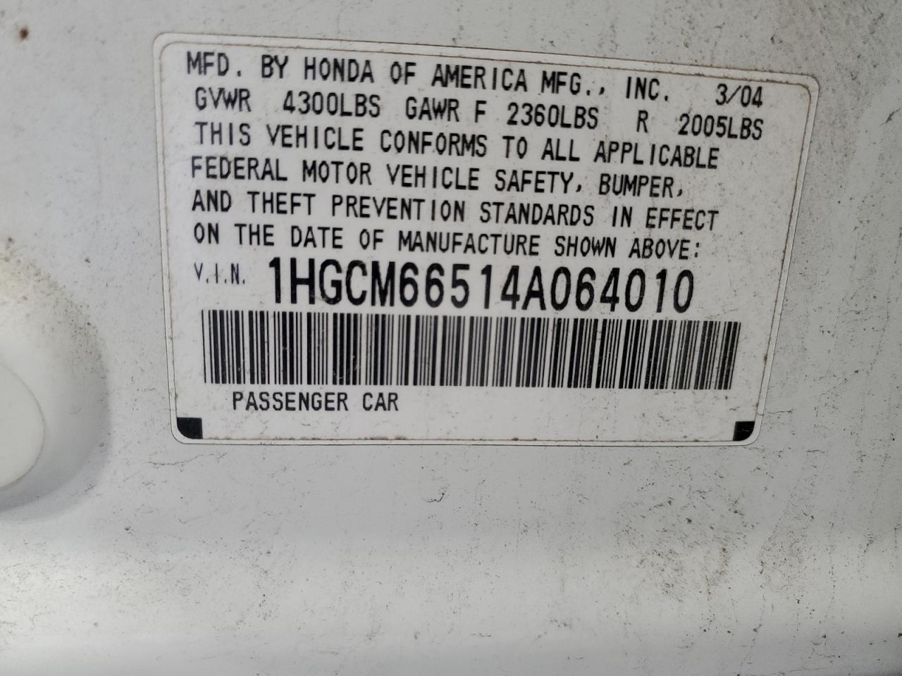 2004 Honda Accord Ex VIN: 1HGCM66514A064010 Lot: 64735975