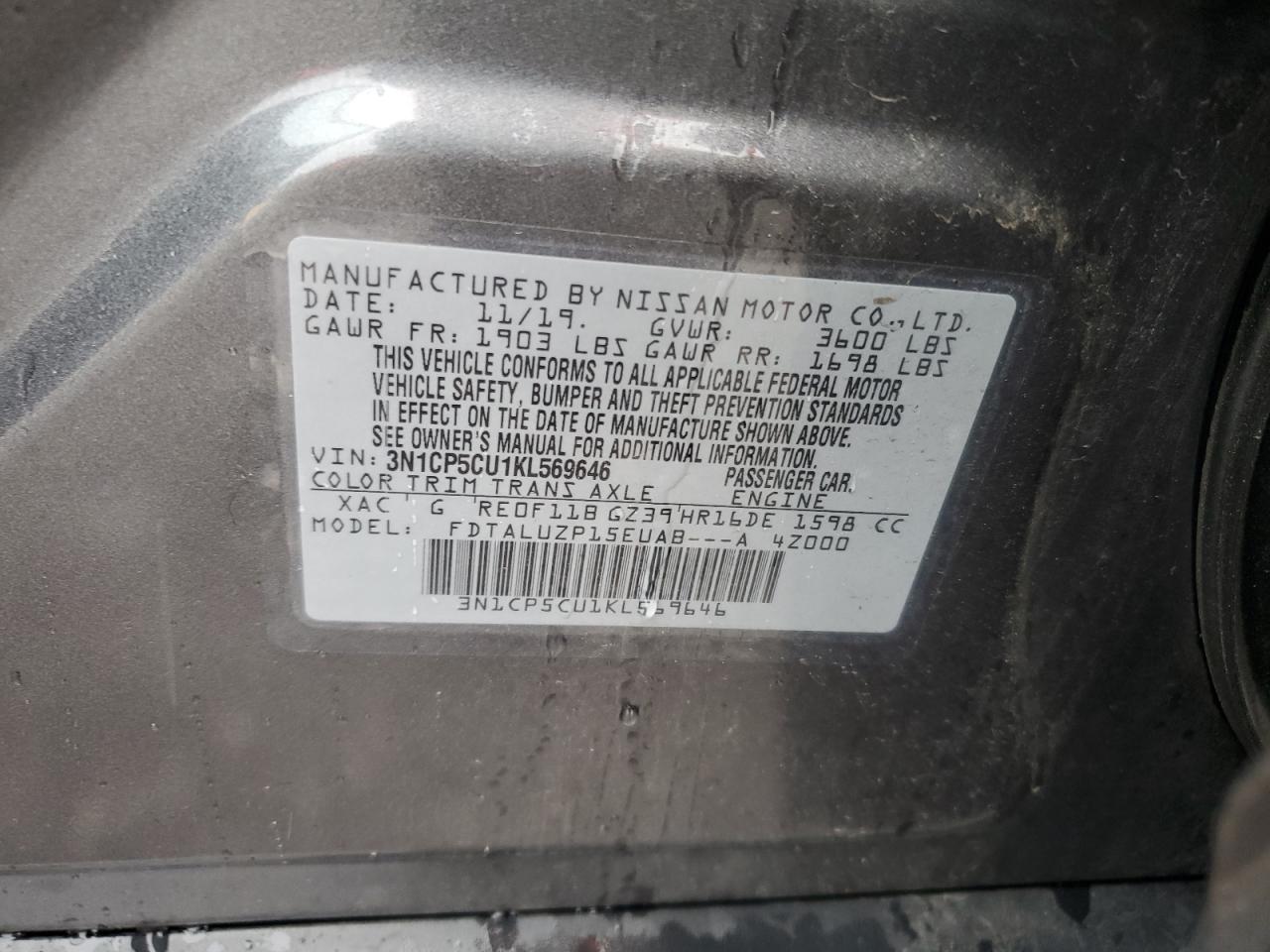 2019 Nissan Kicks S VIN: 3N1CP5CU1KL569646 Lot: 63206785