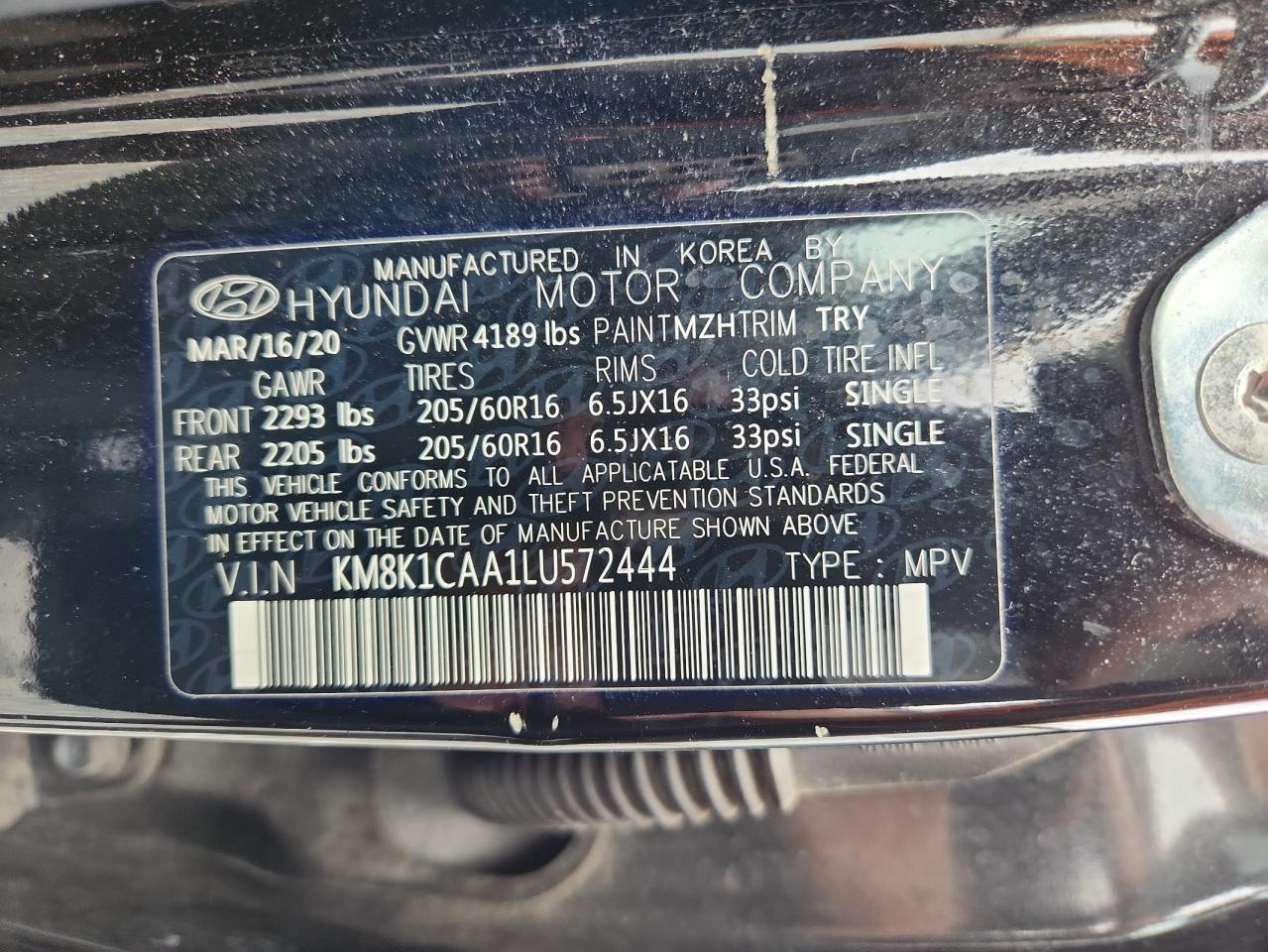 2020 Hyundai Kona Se VIN: KM8K1CAA1LU572444 Lot: 63914505