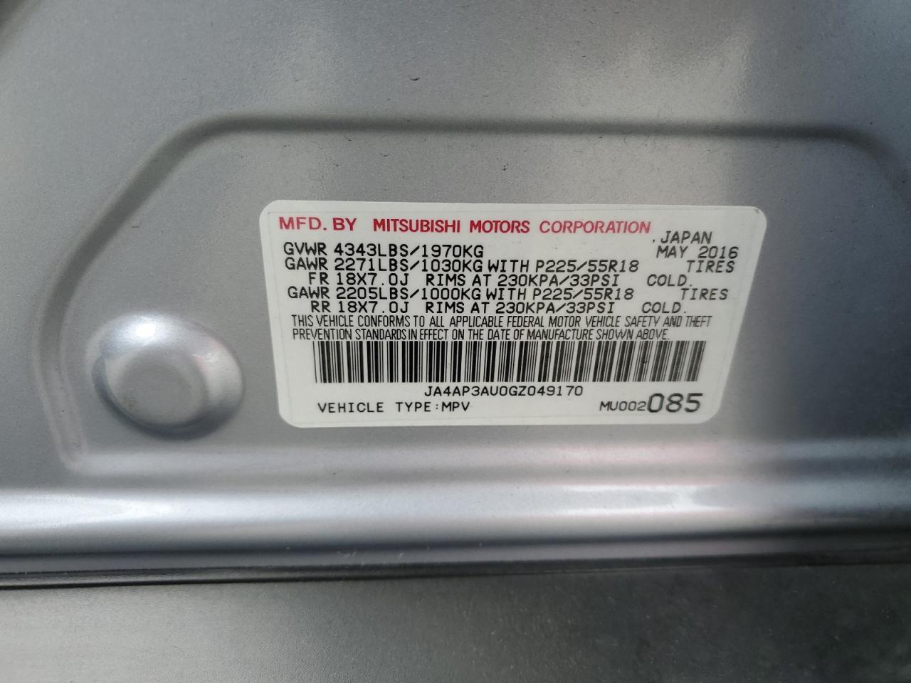 2016 Mitsubishi Outlander Sport Es VIN: JA4AP3AU0GZ049170 Lot: 63782135