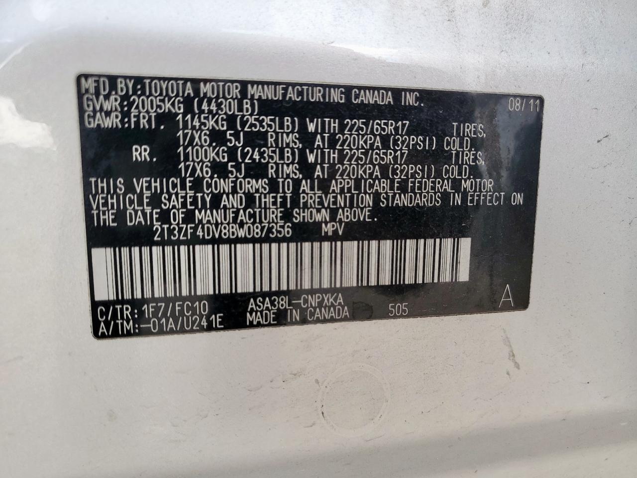 2011 Toyota Rav4 VIN: 2T3ZF4DV8BW087356 Lot: 65373345